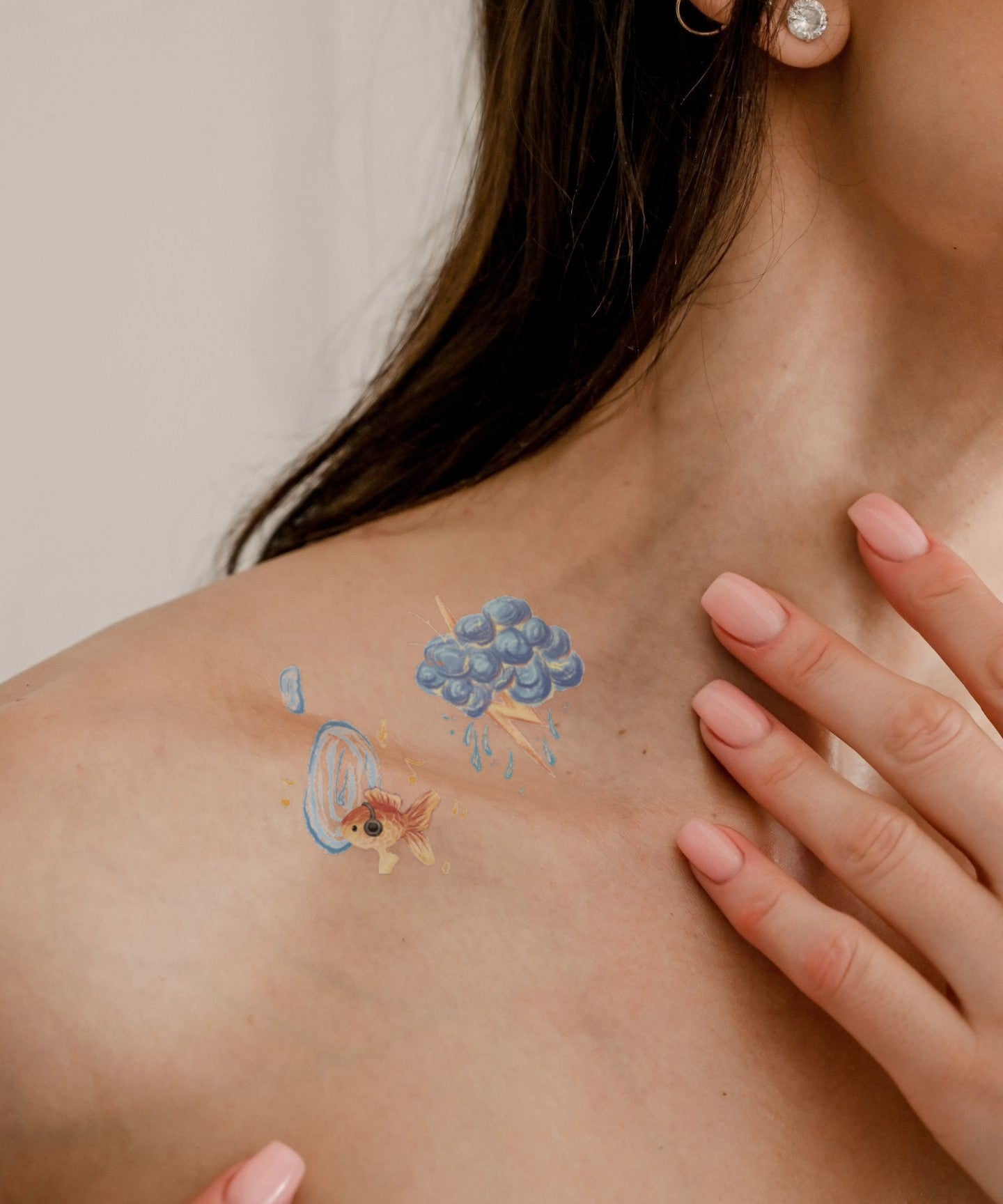 Forget-Me-Not & Goldfish hand-drawn temporary tattoo — botanical line work, suited for forearm placement. Waterproof, plant-based, 3–7 day wear. By LastingDays indie artist collective.