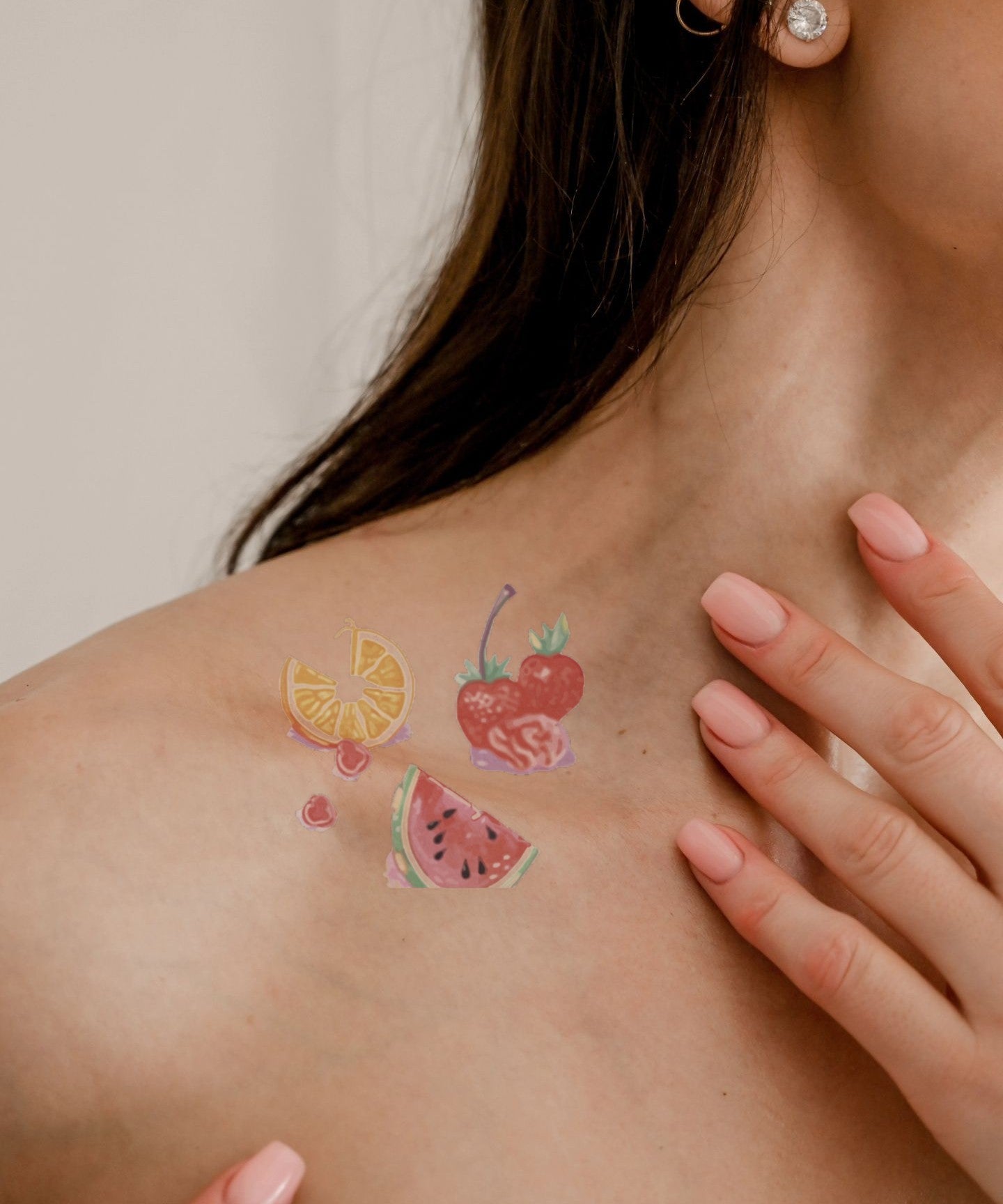 Tropical Fruit Basket hand-drawn temporary tattoo — hand-drawn original design, suited for forearm placement. Waterproof, plant-based, 3–7 day wear. By LastingDays indie artist collective.