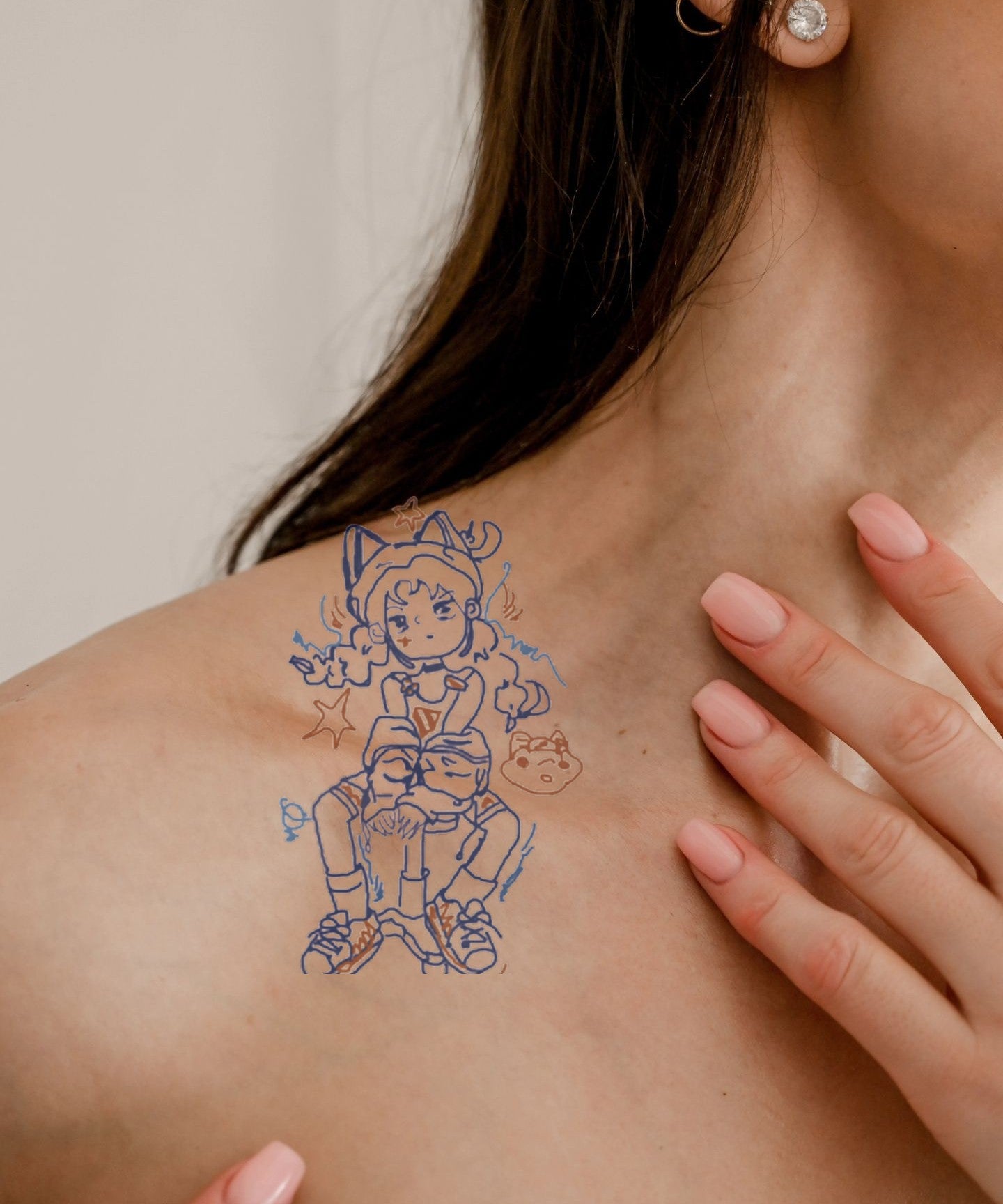 Adventure Hero Character hand-drawn temporary tattoo — anime illustration style, suited for forearm placement. Waterproof, plant-based, 3–7 day wear. By LastingDays indie artist collective.