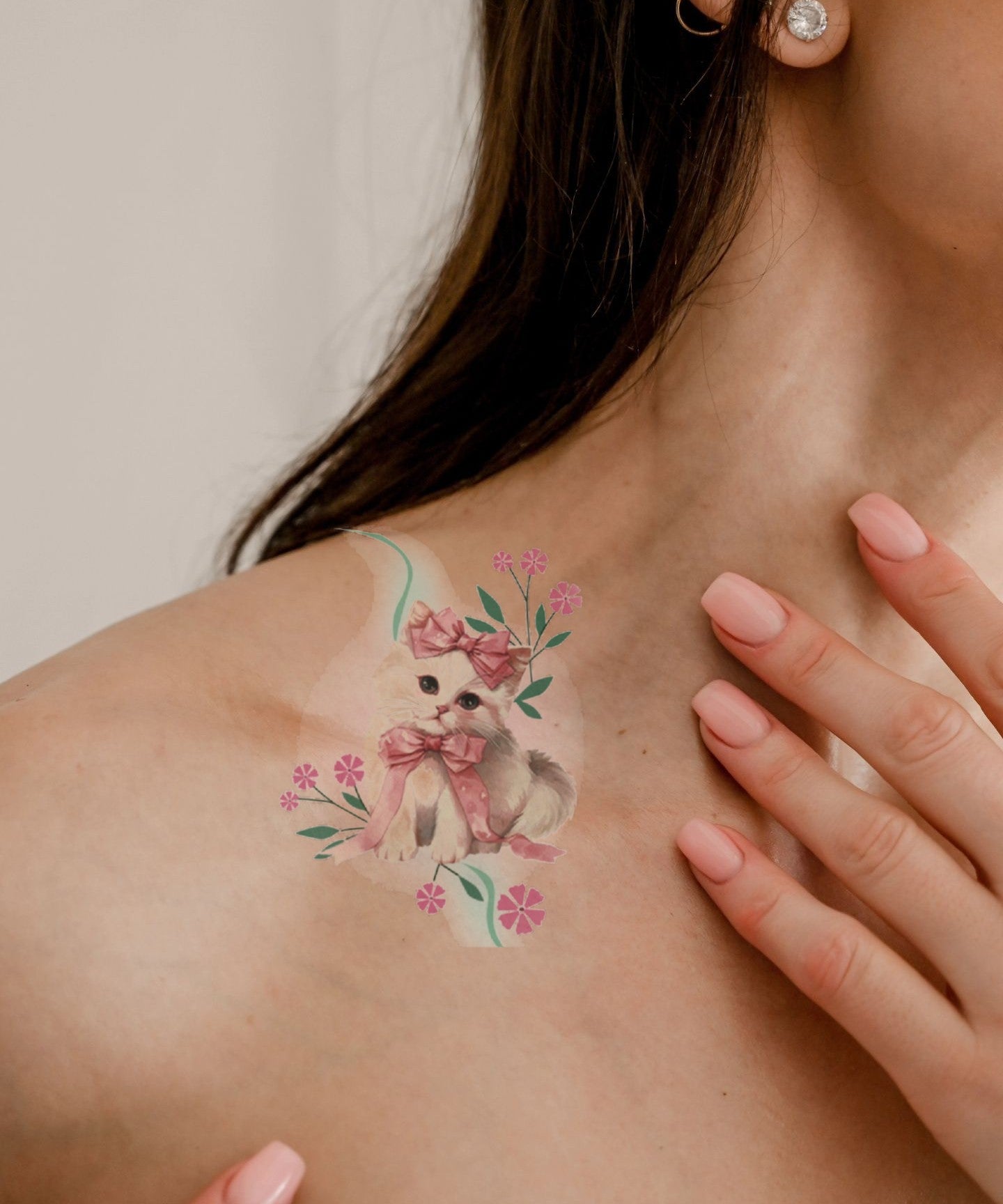 Cherry Blossom Kitten hand-drawn temporary tattoo — botanical line work, suited for forearm placement. Waterproof, plant-based, 3–7 day wear. By LastingDays indie artist collective.