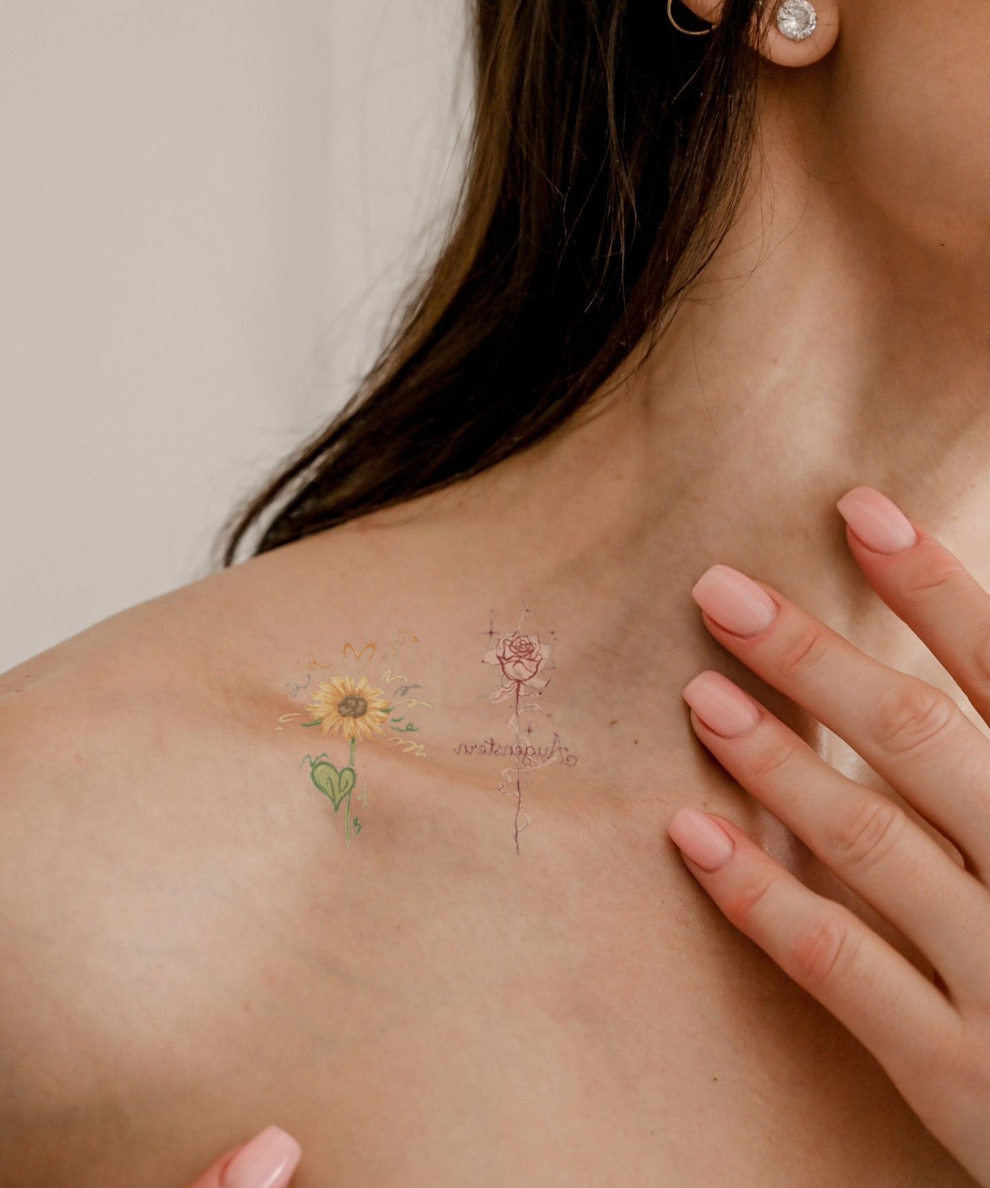 Sunflower & Butterfly hand-drawn temporary tattoo — wing motif, suited for shoulder placement. Waterproof, plant-based, 3–7 day wear. By LastingDays indie artist collective.
