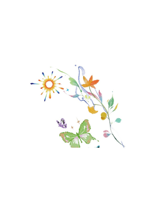 Sunshine Garden Sketch hand-drawn temporary tattoo — botanical line work, suited for below collarbone placement. Waterproof, plant-based, 3–7 day wear. By LastingDays indie artist collective.