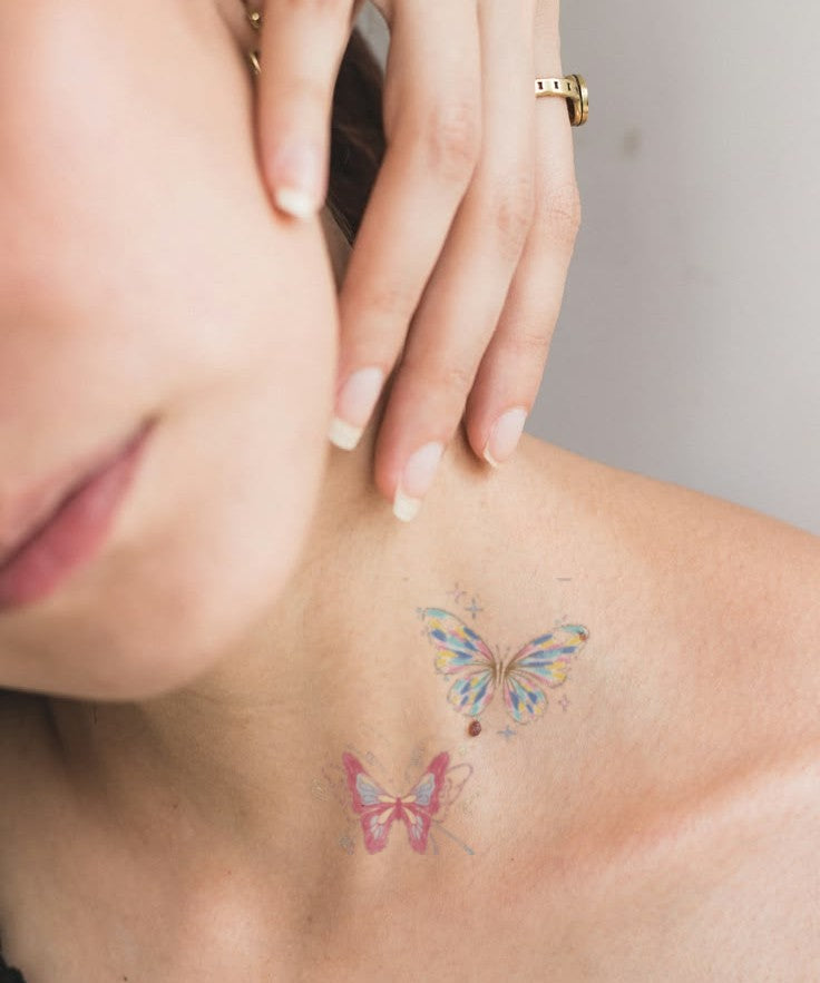 Rose Butterfly Fusion hand-drawn temporary tattoo — wing motif, suited for shoulder placement. Waterproof, plant-based, 3–7 day wear. By LastingDays indie artist collective.