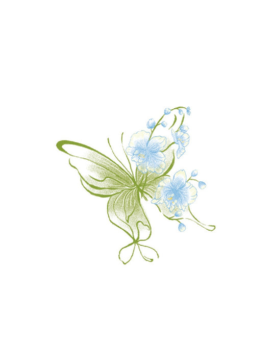 Green Garden Butterfly hand-drawn temporary tattoo — wing motif, suited for shoulder placement. Waterproof, plant-based, 3–7 day wear. By LastingDays indie artist collective.
