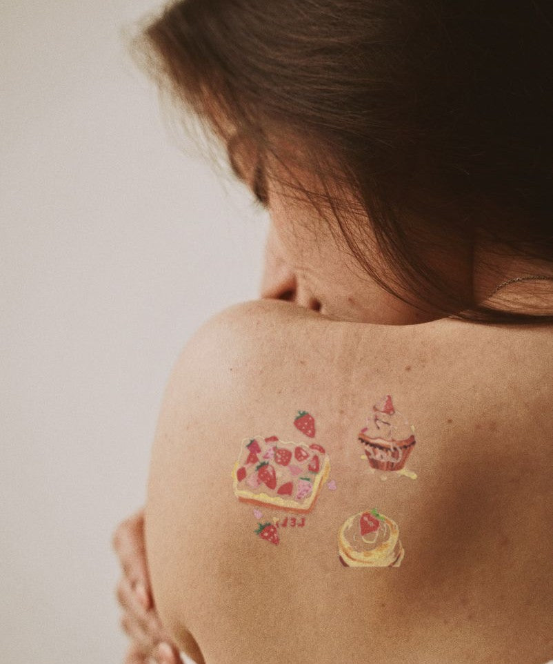 Sweet Treats Collection hand-drawn temporary tattoo — soft kawaii aesthetic, suited for forearm placement. Waterproof, plant-based, 3–7 day wear. By LastingDays indie artist collective.