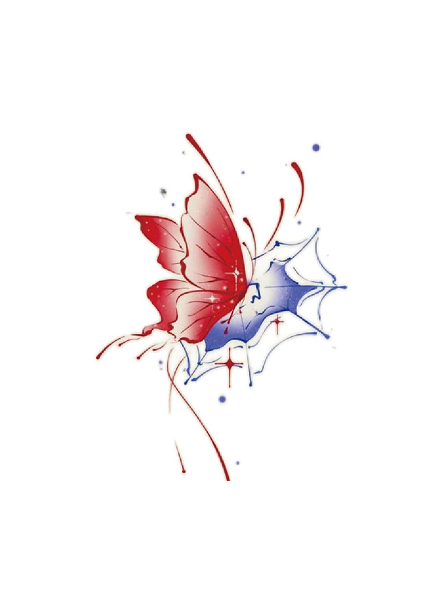 Red Butterfly Abstract hand-drawn temporary tattoo — wing motif, suited for shoulder placement. Waterproof, plant-based, 3–7 day wear. By LastingDays indie artist collective.
