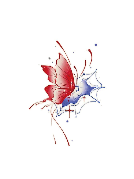 Red Butterfly Abstract hand-drawn temporary tattoo — wing motif, suited for shoulder placement. Waterproof, plant-based, 3–7 day wear. By LastingDays indie artist collective.