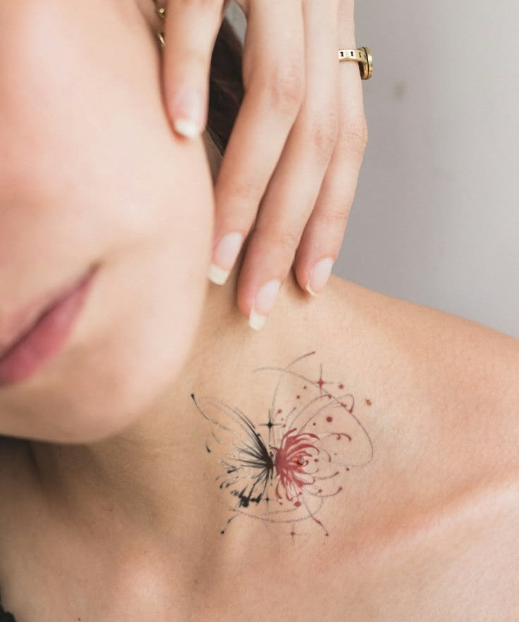 Ink Wash Butterfly hand-drawn temporary tattoo — wing motif, suited for shoulder placement. Waterproof, plant-based, 3–7 day wear. By LastingDays indie artist collective.