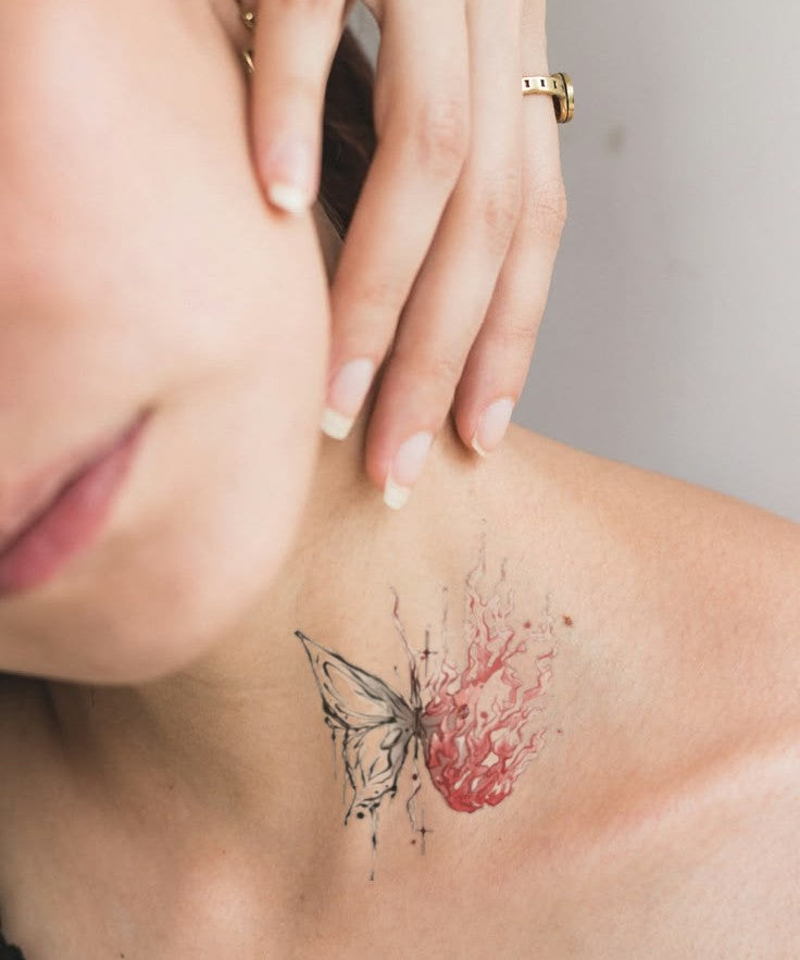 Phoenix Butterfly & Bloom hand-drawn temporary tattoo — wing motif, suited for forearm placement. Waterproof, plant-based, 3–7 day wear. By LastingDays indie artist collective.