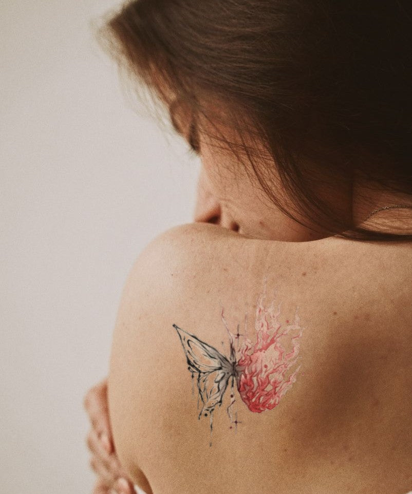 Phoenix Butterfly & Bloom hand-drawn temporary tattoo — wing motif, suited for forearm placement. Waterproof, plant-based, 3–7 day wear. By LastingDays indie artist collective.
