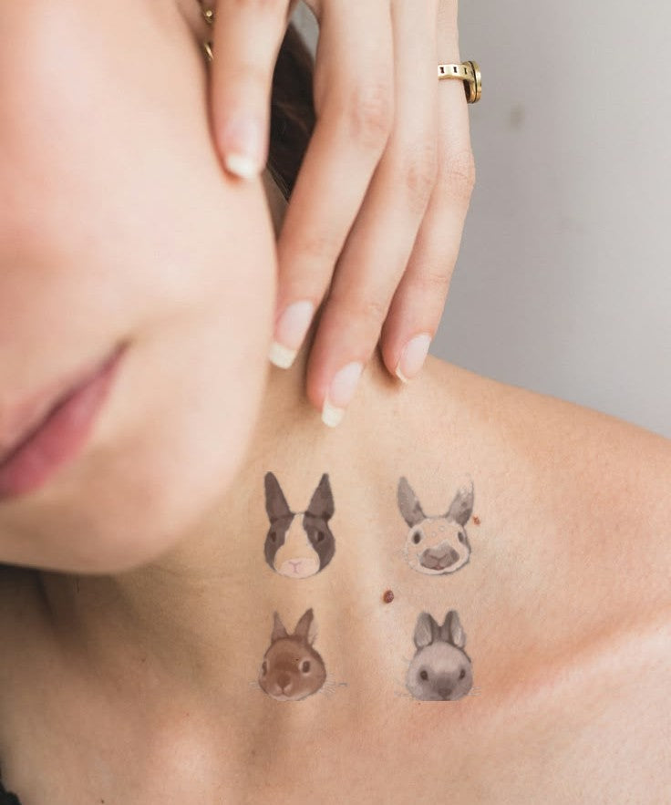 Bunny Face Collection hand-drawn temporary tattoo — animal subject, suited for forearm placement. Waterproof, plant-based, 3–7 day wear. By LastingDays indie artist collective.