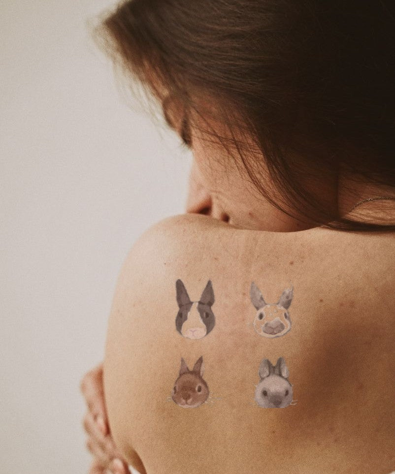 Bunny Face Collection hand-drawn temporary tattoo — animal subject, suited for forearm placement. Waterproof, plant-based, 3–7 day wear. By LastingDays indie artist collective.