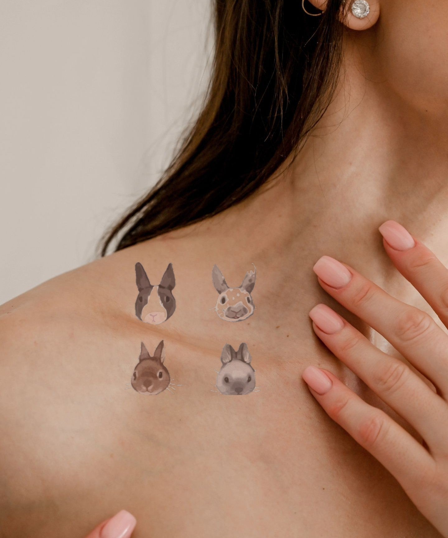 Bunny Face Collection hand-drawn temporary tattoo — animal subject, suited for forearm placement. Waterproof, plant-based, 3–7 day wear. By LastingDays indie artist collective.