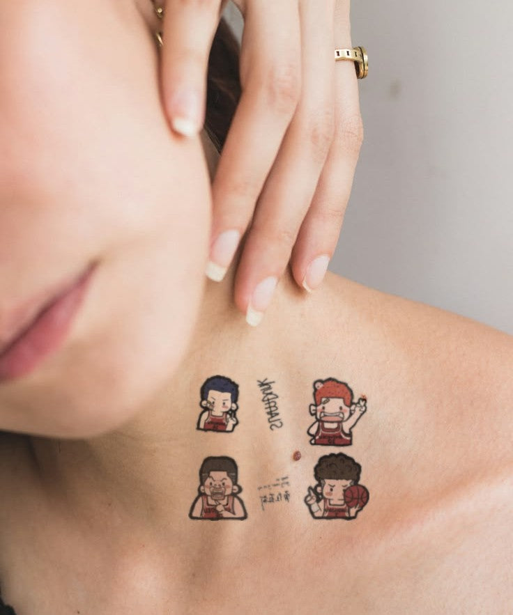 Chibi Characters Set hand-drawn temporary tattoo — soft kawaii aesthetic, suited for forearm placement. Waterproof, plant-based, 3–7 day wear. By LastingDays indie artist collective.