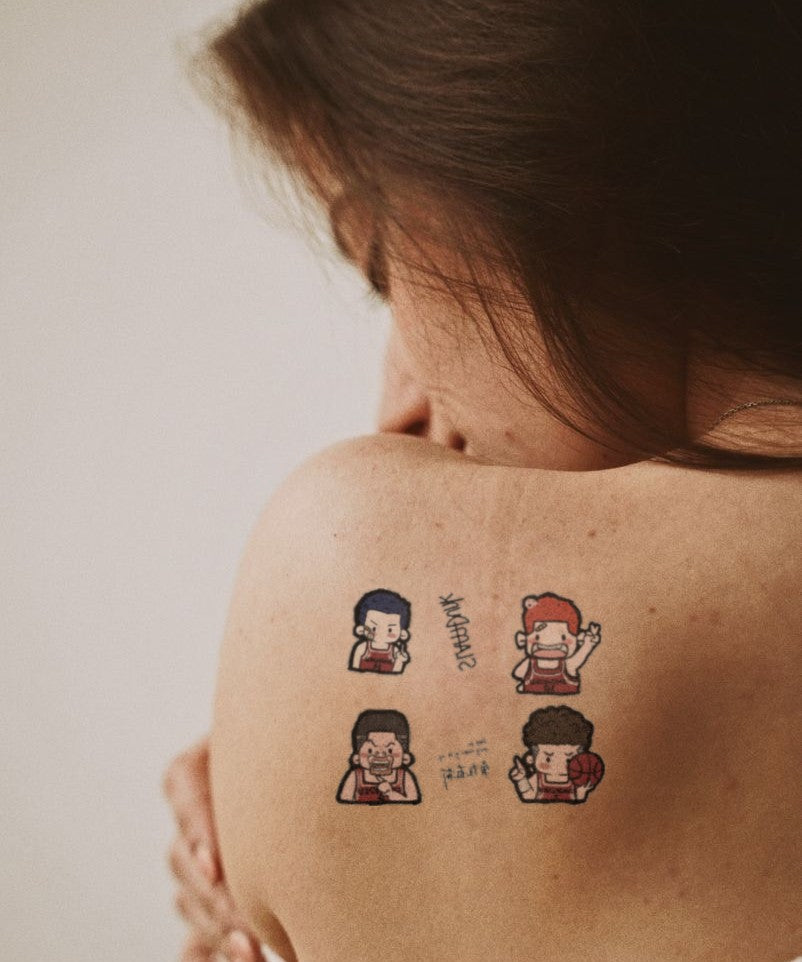 Chibi Characters Set hand-drawn temporary tattoo — soft kawaii aesthetic, suited for forearm placement. Waterproof, plant-based, 3–7 day wear. By LastingDays indie artist collective.
