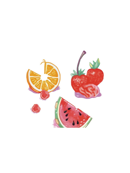 Tropical Fruit Basket hand-drawn temporary tattoo — hand-drawn original design, suited for forearm placement. Waterproof, plant-based, 3–7 day wear. By LastingDays indie artist collective.
