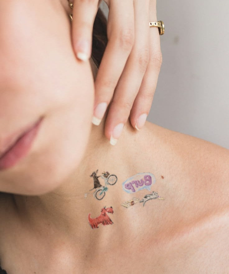 Pet Friends Adventure hand-drawn temporary tattoo — animal subject, suited for forearm placement. Waterproof, plant-based, 3–7 day wear. By LastingDays indie artist collective.