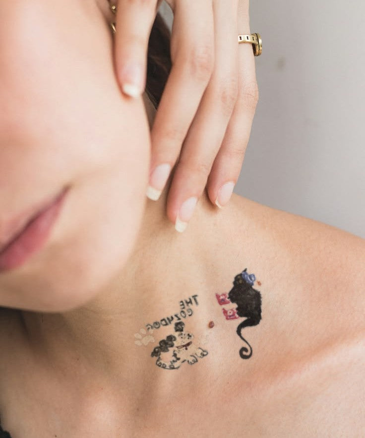 Mysterious Cat Parade hand-drawn temporary tattoo — animal subject, suited for forearm placement. Waterproof, plant-based, 3–7 day wear. By LastingDays indie artist collective.