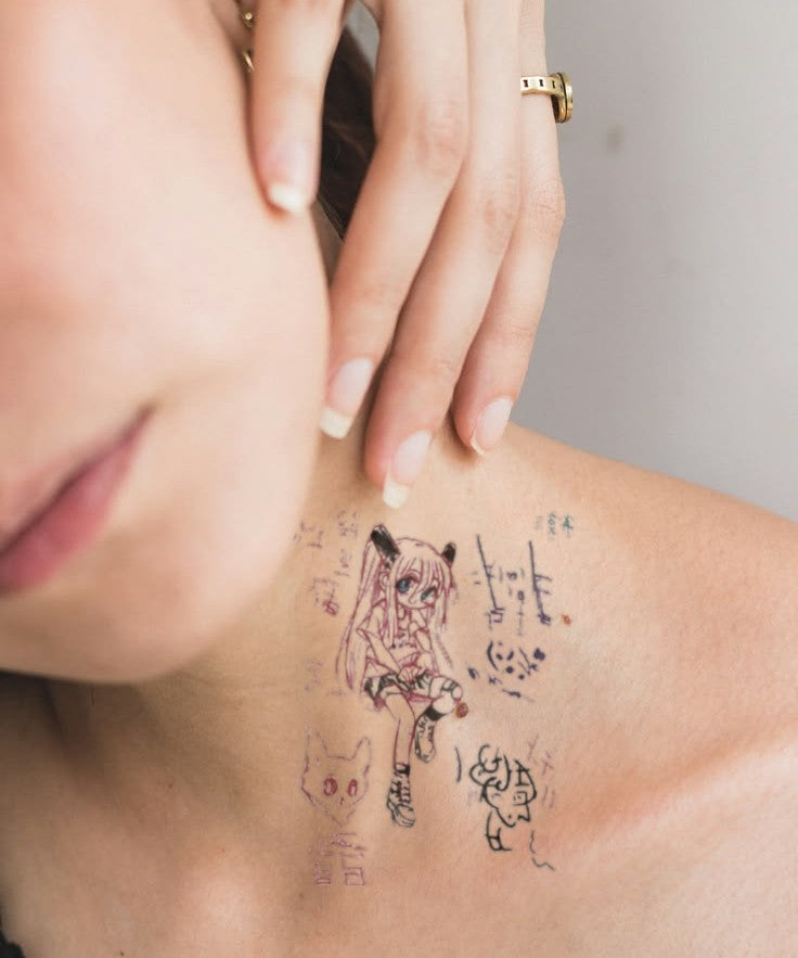 Anime Cat Girl hand-drawn temporary tattoo — animal subject, suited for forearm placement. Waterproof, plant-based, 3–7 day wear. By LastingDays indie artist collective.