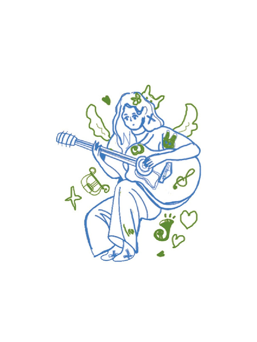 Music Girl with Guitar hand-drawn temporary tattoo — anime illustration style, suited for forearm placement. Waterproof, plant-based, 3–7 day wear. By LastingDays indie artist collective.