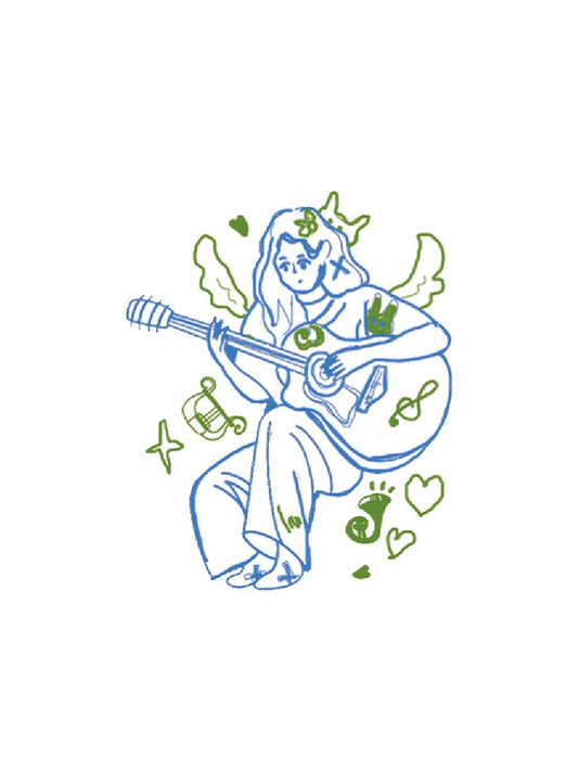 Music Girl with Guitar hand-drawn temporary tattoo — anime illustration style, suited for forearm placement. Waterproof, plant-based, 3–7 day wear. By LastingDays indie artist collective.