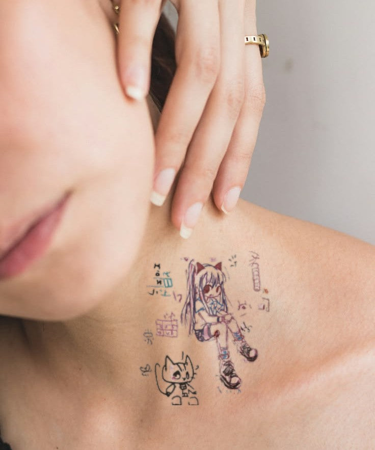 Cat & Gift Chibi hand-drawn temporary tattoo — animal subject, suited for forearm placement. Waterproof, plant-based, 3–7 day wear. By LastingDays indie artist collective.