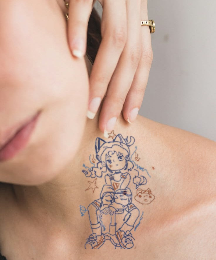 Adventure Hero Character hand-drawn temporary tattoo — anime illustration style, suited for forearm placement. Waterproof, plant-based, 3–7 day wear. By LastingDays indie artist collective.