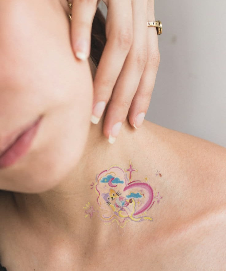 Candy Swirl Dream hand-drawn temporary tattoo — celestial design, suited for forearm placement. Waterproof, plant-based, 3–7 day wear. By LastingDays indie artist collective.