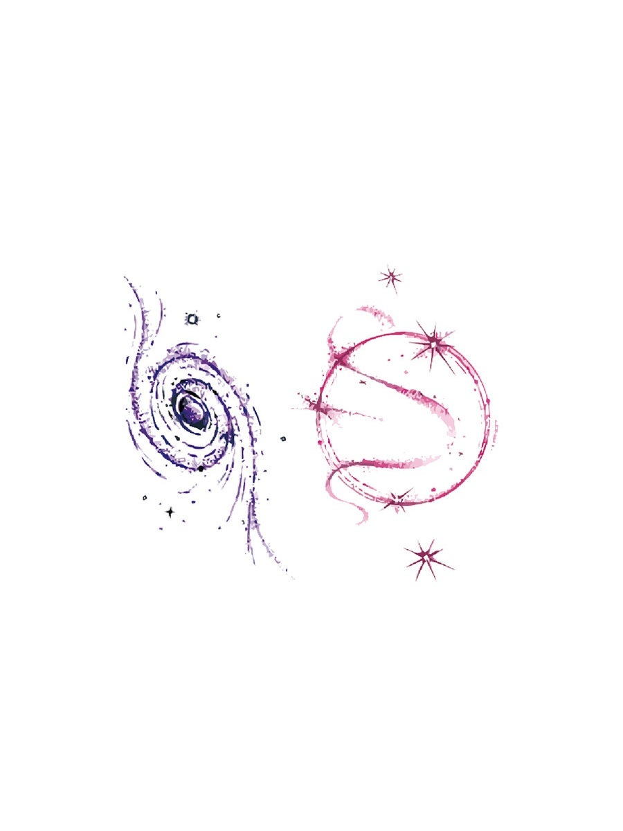 Cosmic Spiral Galaxy hand-drawn temporary tattoo — celestial design, suited for forearm placement. Waterproof, plant-based, 3–7 day wear. By LastingDays indie artist collective.
