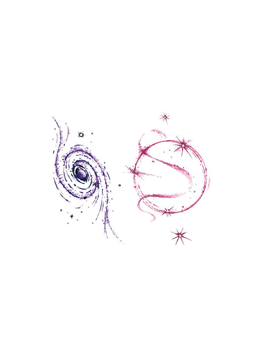 Cosmic Spiral Galaxy hand-drawn temporary tattoo — celestial design, suited for forearm placement. Waterproof, plant-based, 3–7 day wear. By LastingDays indie artist collective.