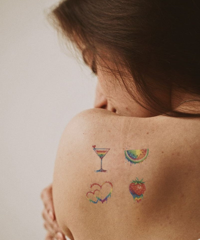 Cocktail Party Mix hand-drawn temporary tattoo — hand-drawn original design, suited for forearm placement. Waterproof, plant-based, 3–7 day wear. By LastingDays indie artist collective.