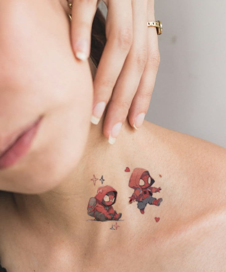 Superhero Heart hand-drawn temporary tattoo — anime illustration style, suited for forearm placement. Waterproof, plant-based, 3–7 day wear. By LastingDays indie artist collective.