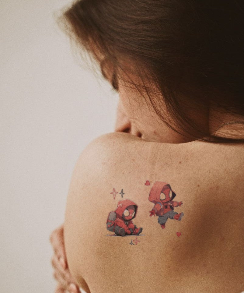 Superhero Heart hand-drawn temporary tattoo — anime illustration style, suited for forearm placement. Waterproof, plant-based, 3–7 day wear. By LastingDays indie artist collective.