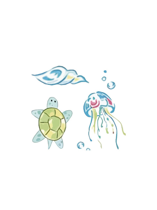 Sea Turtle & Jellyfish hand-drawn temporary tattoo — marine illustration, suited for forearm placement. Waterproof, plant-based, 3–7 day wear. By LastingDays indie artist collective.