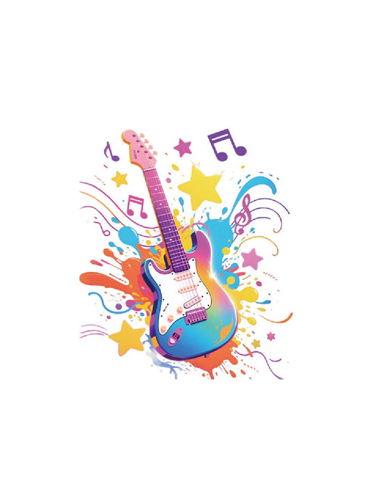 Rock Star Guitar hand-drawn temporary tattoo — celestial design, suited for collarbone placement. Waterproof, plant-based, 3–7 day wear. By LastingDays indie artist collective.