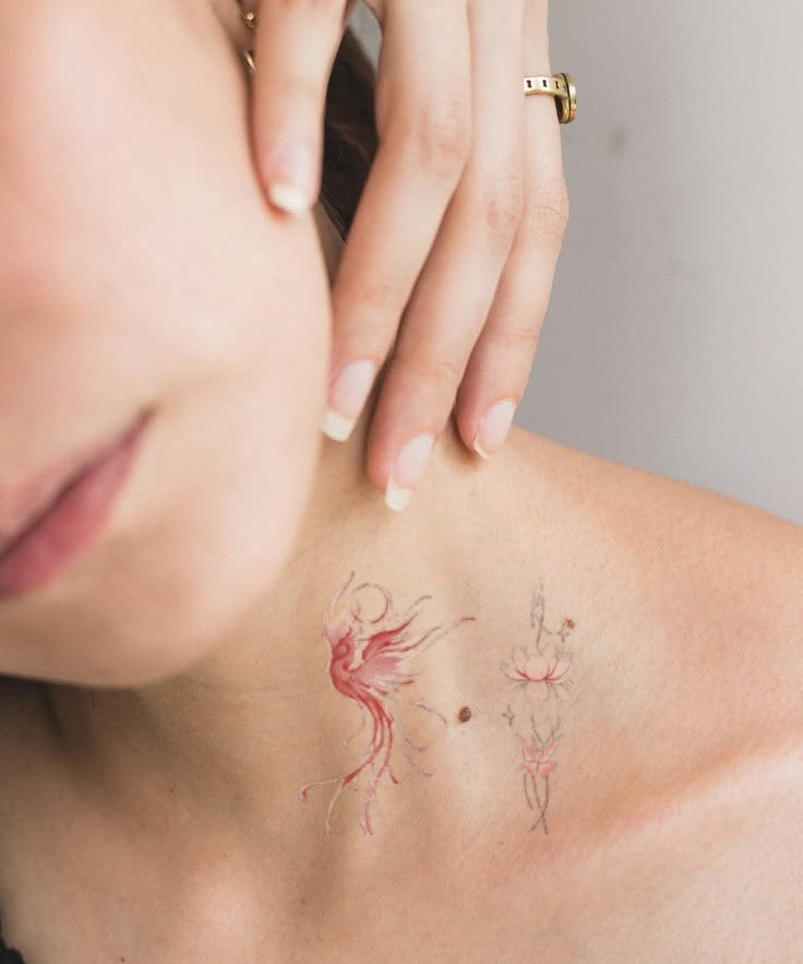 Rising Phoenix hand-drawn temporary tattoo — phoenix mythology motif, suited for forearm placement. Waterproof, plant-based, 3–7 day wear. By LastingDays indie artist collective.