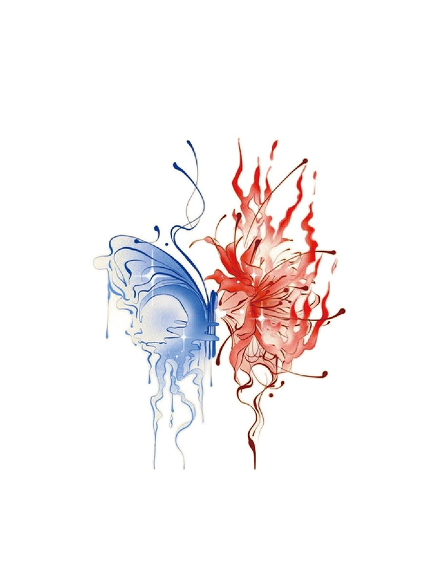Blue Flame Butterfly hand-drawn temporary tattoo — wing motif, suited for shoulder placement. Waterproof, plant-based, 3–7 day wear. By LastingDays indie artist collective.