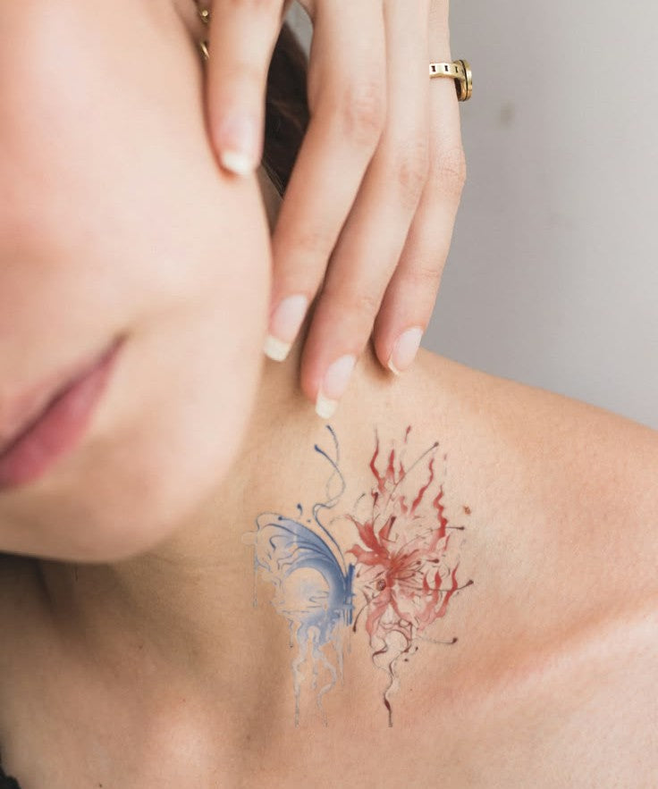 Blue Flame Butterfly hand-drawn temporary tattoo — wing motif, suited for shoulder placement. Waterproof, plant-based, 3–7 day wear. By LastingDays indie artist collective.