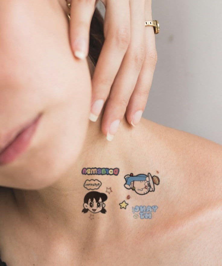 Retro Game Characters hand-drawn temporary tattoo — anime illustration style, suited for forearm placement. Waterproof, plant-based, 3–7 day wear. By LastingDays indie artist collective.