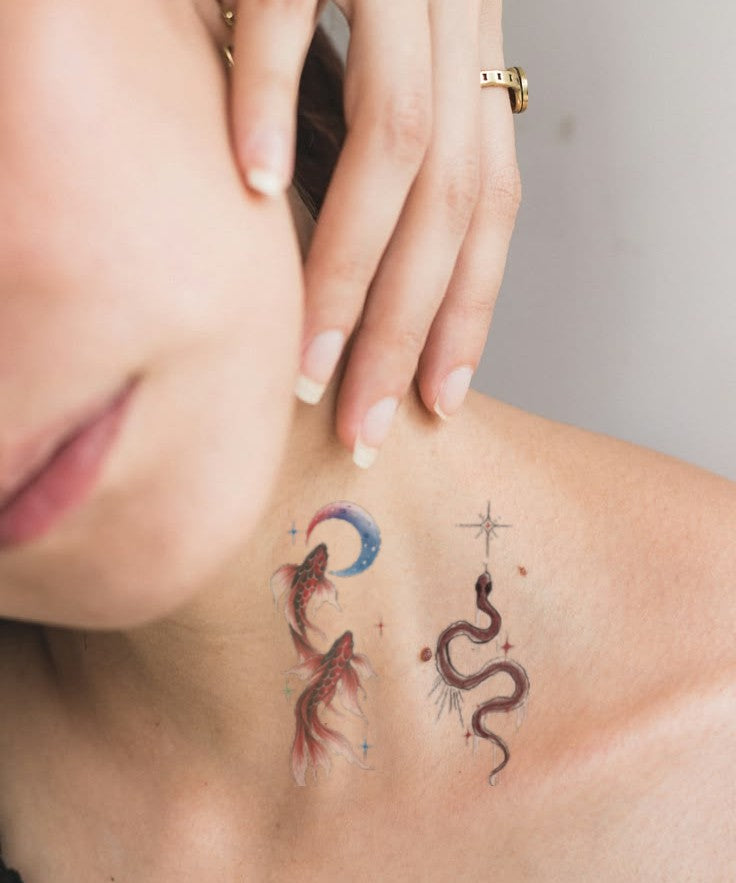 Celestial Dragon Coil hand-drawn temporary tattoo — celestial design, suited for forearm placement. Waterproof, plant-based, 3–7 day wear. By LastingDays indie artist collective.