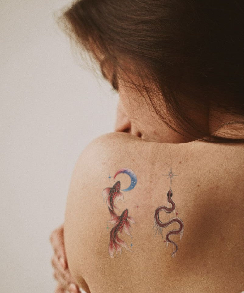 Celestial Dragon Coil hand-drawn temporary tattoo — celestial design, suited for forearm placement. Waterproof, plant-based, 3–7 day wear. By LastingDays indie artist collective.